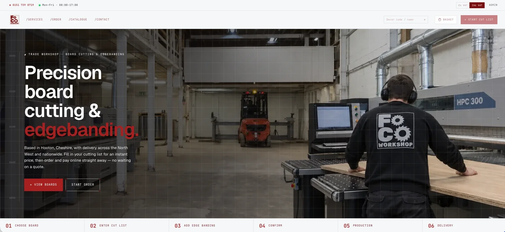 FOCO Workshop homepage: precision board cutting and edgebanding, with a photo of the panel saw